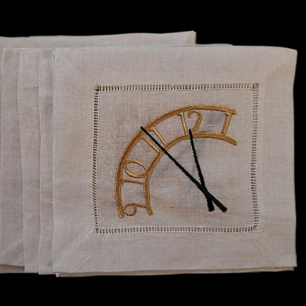8 New Embroidered Linen Cocktail Napkin Clock Face Metallic Thread Excellent